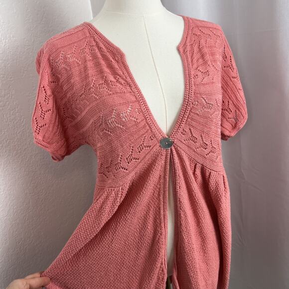 J Jill Cardigan Womens Medium Pink Babydoll Open Crochet Linen Blend Cottagecore - Picture 2 of 11